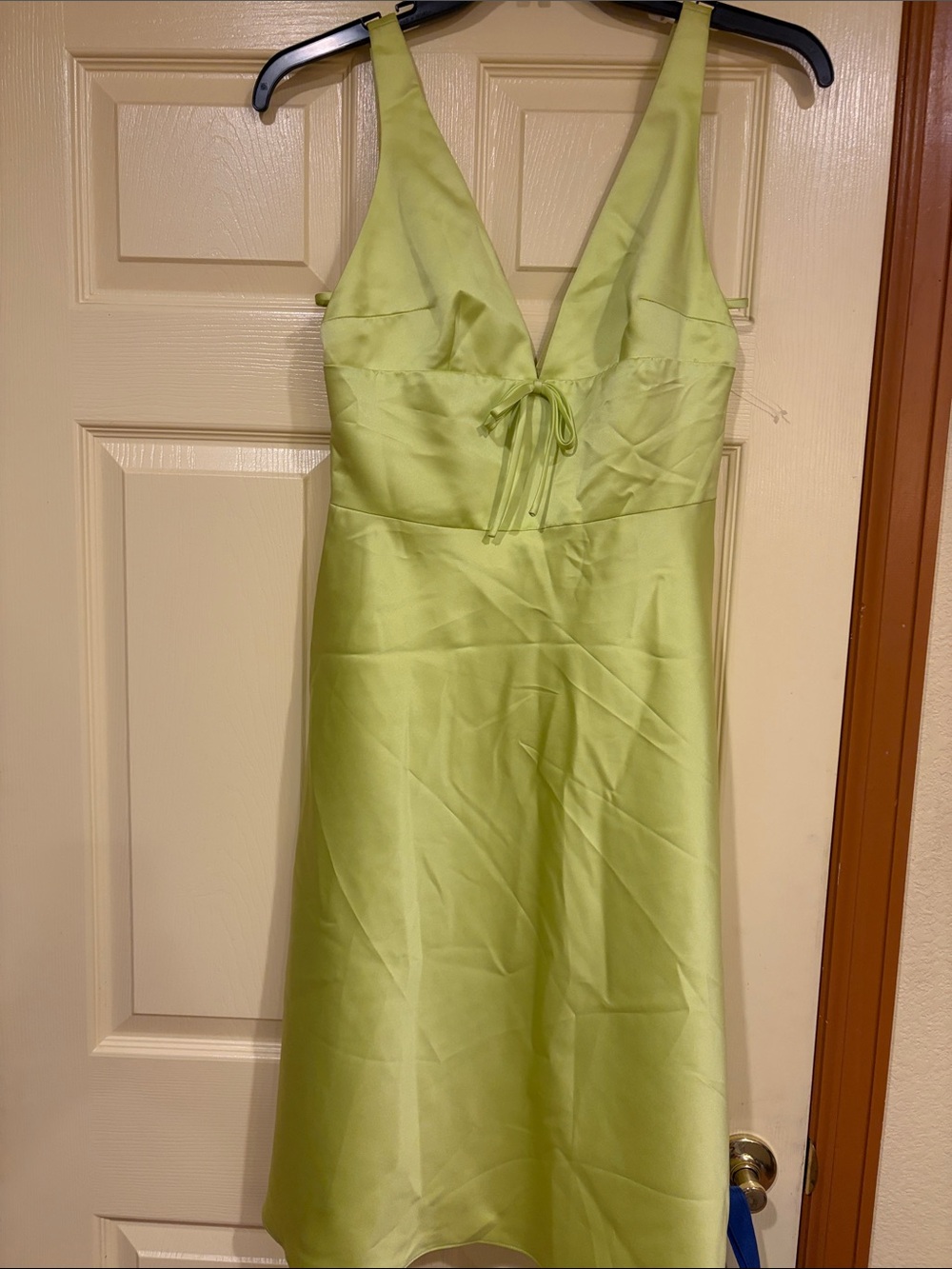Satin V-Neck Midi Dress in Lime Green